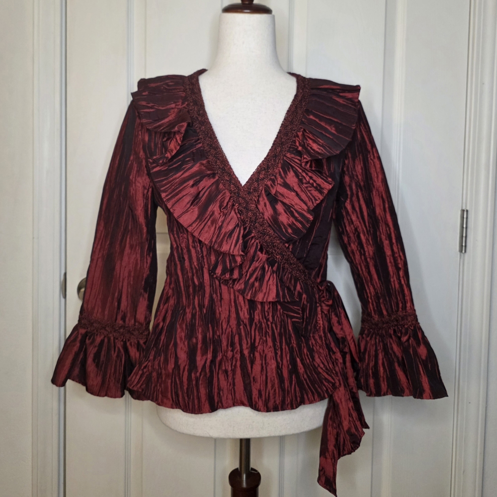 Jackie Jon New York Red Pearlescent Ruffe Wrap Blouse